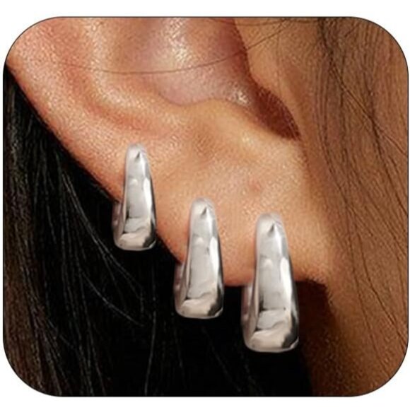 🆕 Women Silver Small Hoop Earrings Trendy Chunky Multiple Piercing Jewelry Gift - Picture 1 of 7